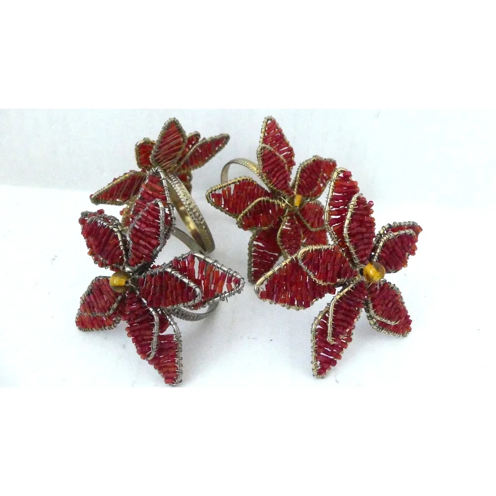 Red Bead Wire Wrapped Flower Napkin Rings Set‎ of 4 Layered Dimension Gold